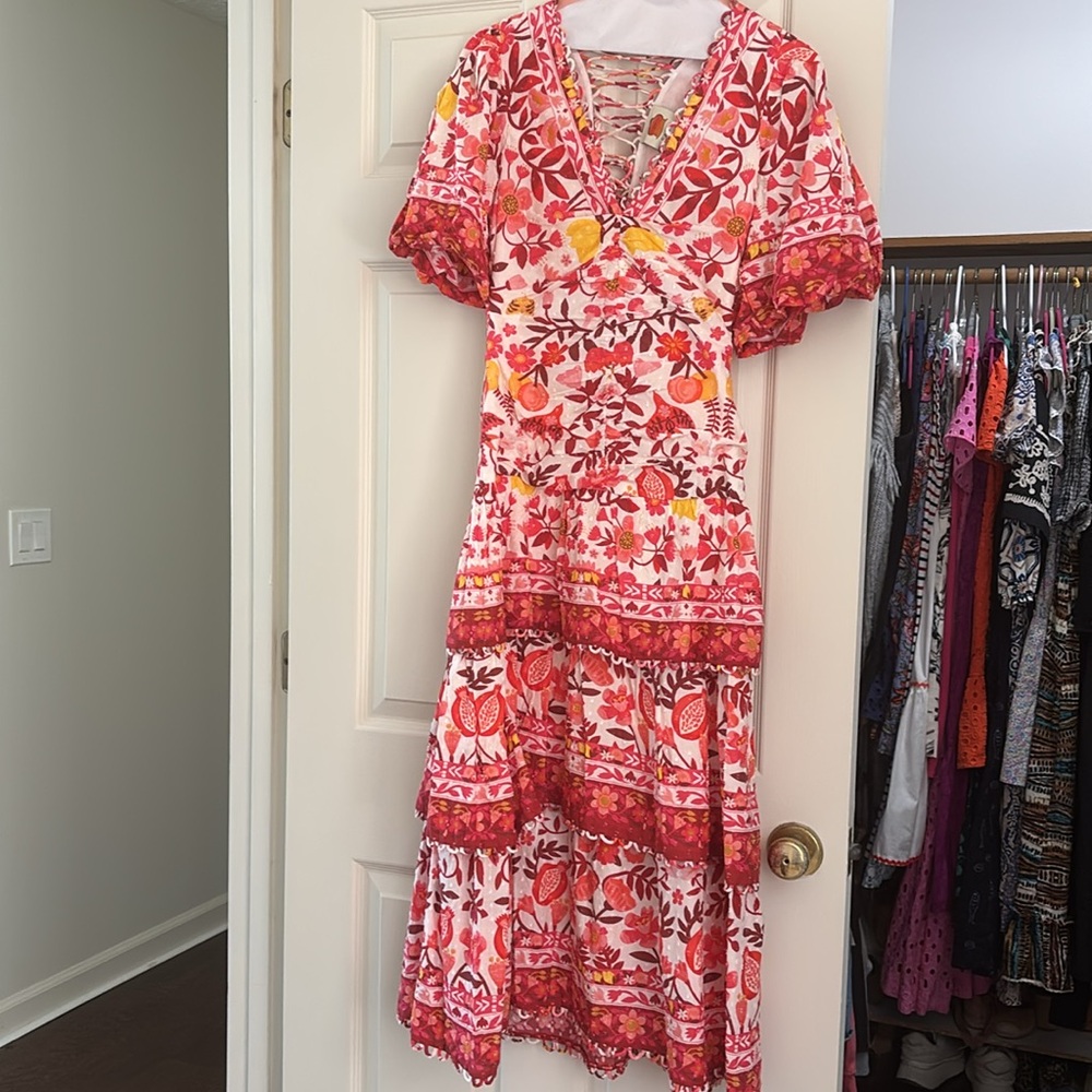 Farm Rio Floral V-Neck Dress with lace up back; worn once, like new!